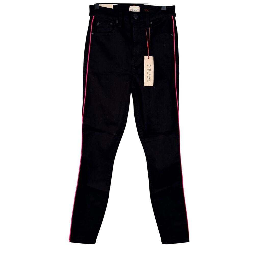 NWT Alice + Olivia High Rise Ankle Skinny Jeans Black Pink Tuxedo Stripe 25